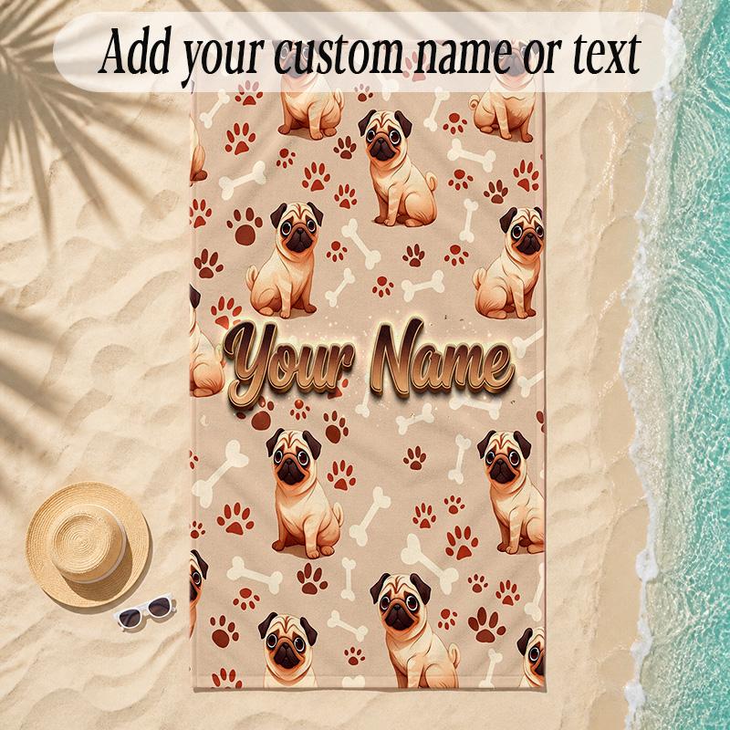 Pug Theme Soft Beach Towel Personalized Custom Name Text Towel Portable for Beach Pool Travel