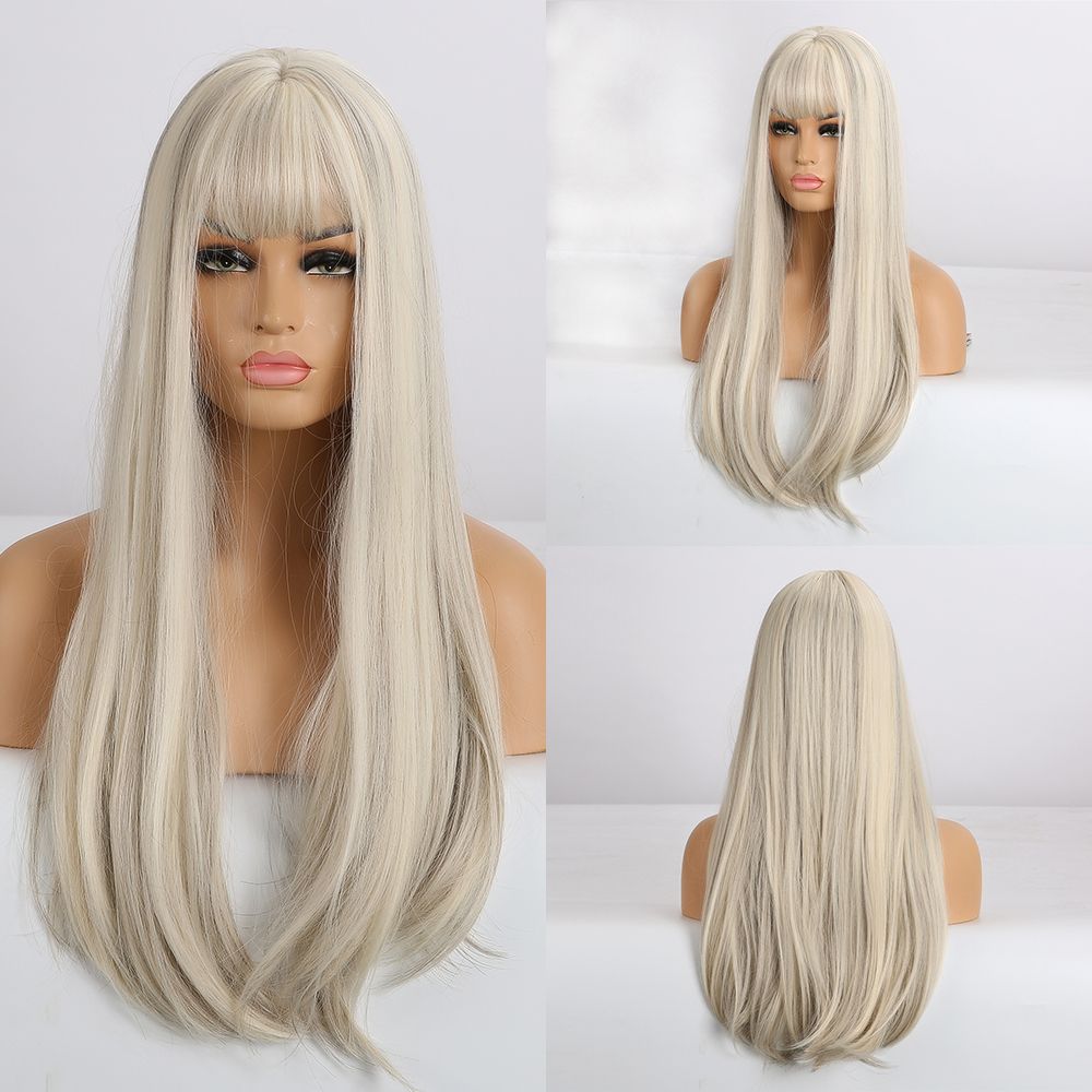 HAIRCUBE Long Straight Blonde Synthetic Wigs With Bangs for Women Daily Cosplay Wigs Heat Resistant Natural Hairline Wigs