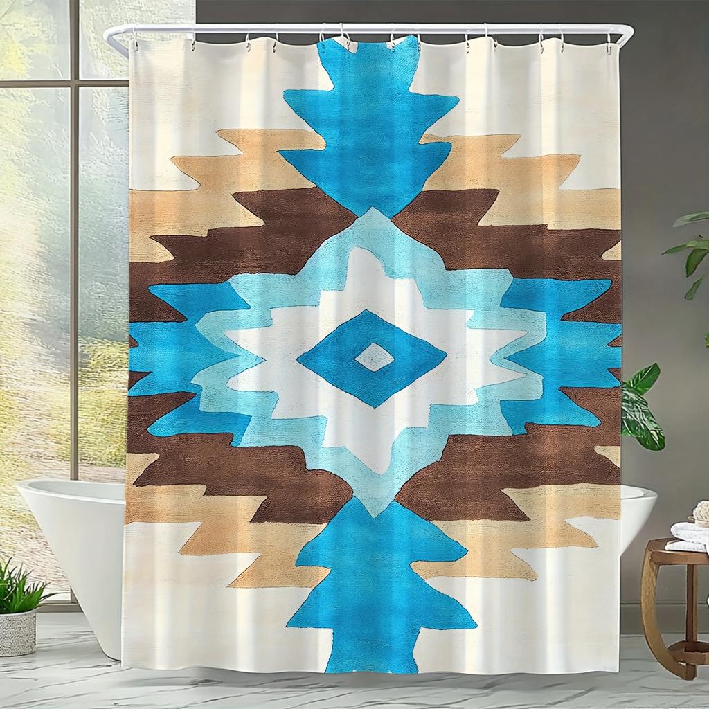 Aztec Geometric Shower Curtain - Blue & Brown Pattern, Polyester, Washable, Hooked, Southwestern Bath Decor
