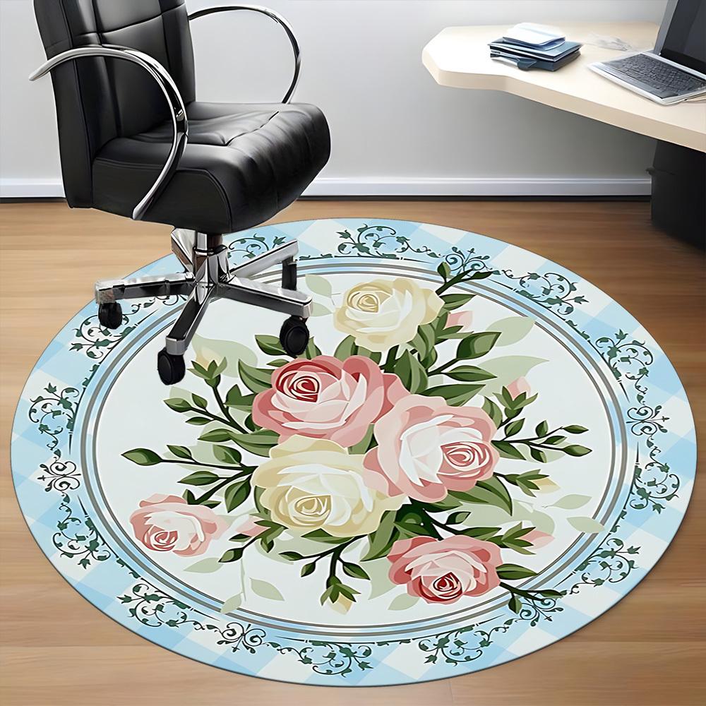 1pc Roses Floral Pattern Office Round Rug, Carpet for Office, Gaming, Lightweight Round Floor Mat Yy260208027