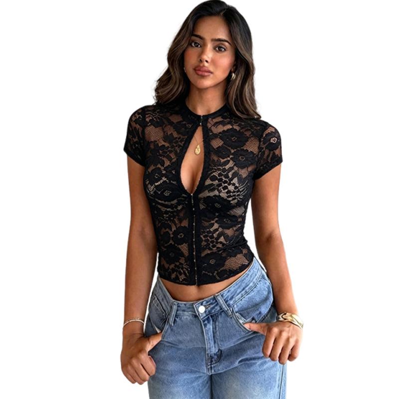 Summer European and American style new cardigan single-breasted sexy lace perspective tight hot girl top wholesale women's clothing