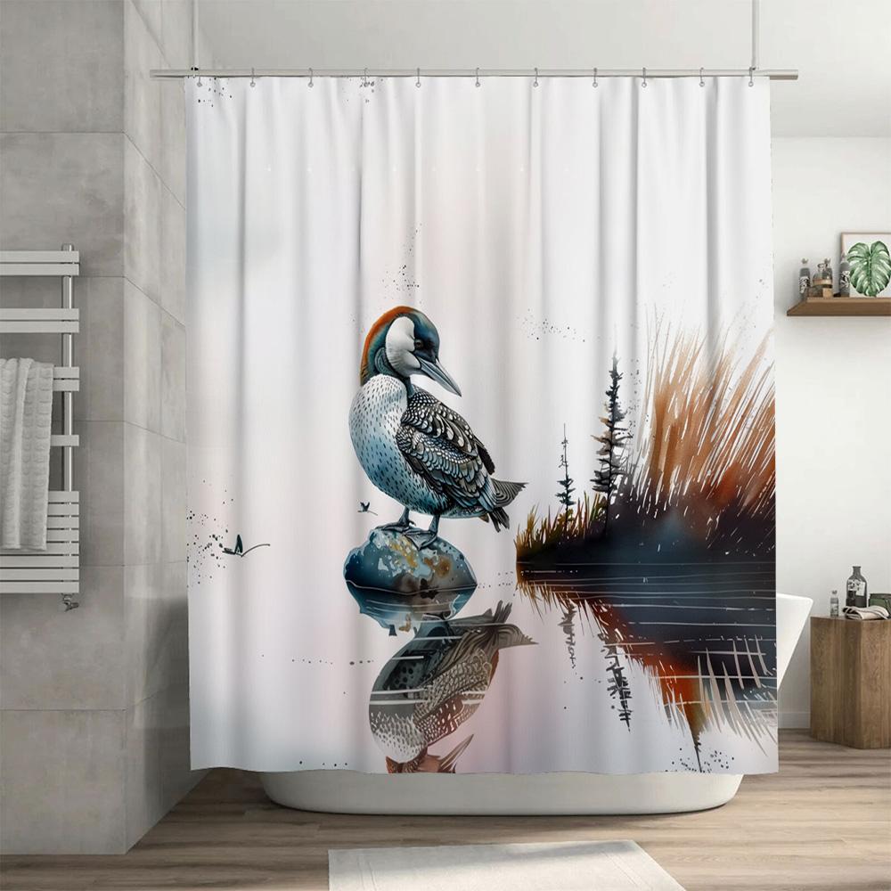 Modern Peacock-themed Shower Curtain Waterproof Bathroom Decor with Natural Lake Scene Printing for Home Decoration Available in
