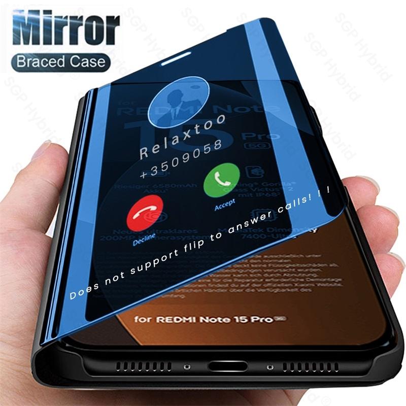 Smart View Mirror Leather Flip Case for Redmi Note 15 Pro 5G Redmy Note15 Pro+ Pro Plus Not 15 4G 5G 2026 Magnetic Stand Coque