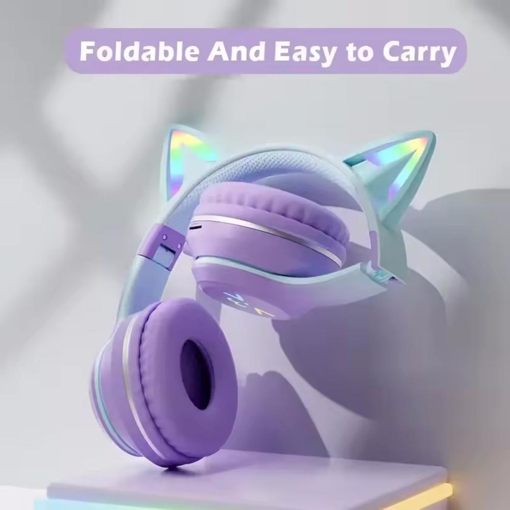 Cuffie wireless sfumate RGB auricolari Bluetooth con orecchie di gatto carine con microfono, auricolari stereo per musica e giochi, regali per bambini