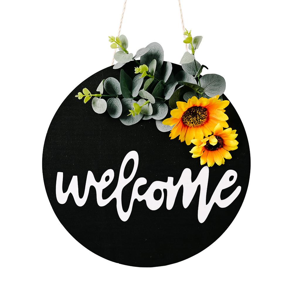Black Welcome Board Wreath With Beautiful Ribbon Bow And Vibrant Design Sunflower