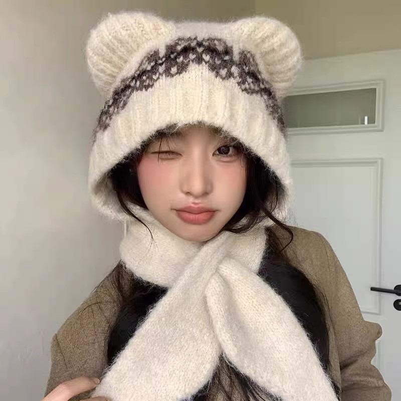 Fashion Cute Bear Scarf One-piece Hat for Women Winter Warm Knitted Scarf Hats Balaclava Ear Protection Cap Woolen Hat Beanies