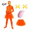 Adults Spandex Unitard Orange Full Bodysuit, with Tulle Skirt, Fake Belly, Yellow Mustache & Eyebrows, Solid Color Costume Open Face Zentai