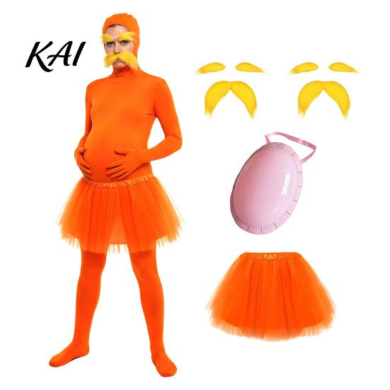 Adults Spandex Unitard Orange Full Bodysuit, with Tulle Skirt, Fake Belly, Yellow Mustache & Eyebrows, Solid Color Costume Open Face Zentai