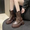 Mode 11CM Dicke Absätze Motorradstiefel Hohe Plateauschuhe Herbst Leder Sneakers Damen Winter Warme Stiefeletten Klobige Kurze Punkstiefel