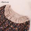 Japanisches Mori-Mädchen Frühling Herbst Damen Midikleid Rüschenkragen Blumendruck Patchwork Retro Kleid Vintage Baumwolle Leinen Stickerei Aushöhlen Kleid