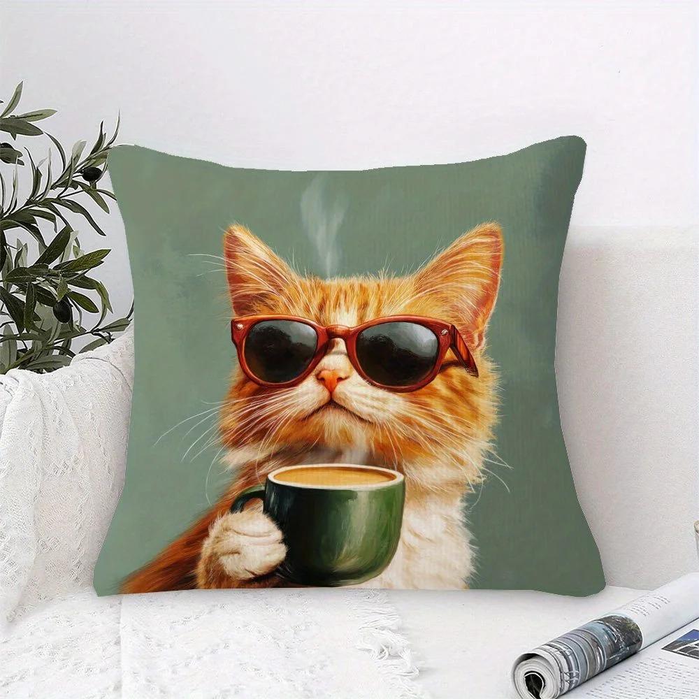 Funny Cool Cat Wearing Sunglasses Pillowcase D Flat Printed Peach Skin Cushion Cover For Sofa Living Room Home Decor