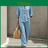 Outfit Women Piece 2 Button V Neck Ruffled 34 Sleeve Top Long Pants Matching Set