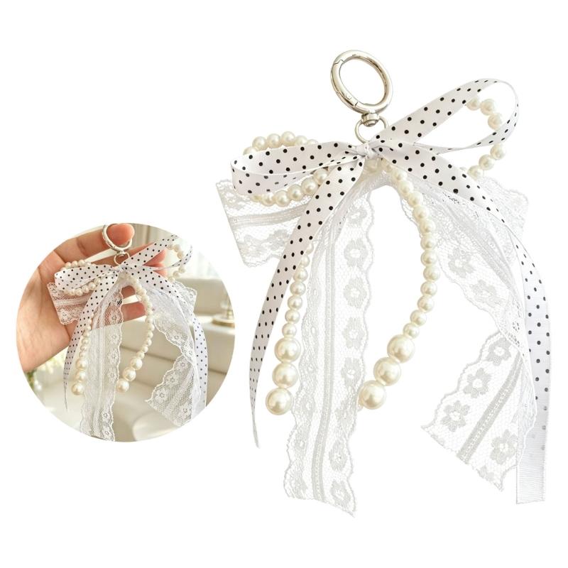 Elegant Lace Bowknot Keychain With Dot Design And Pearls Accents Delicate Lace Keyring For Women Fashion Accessory