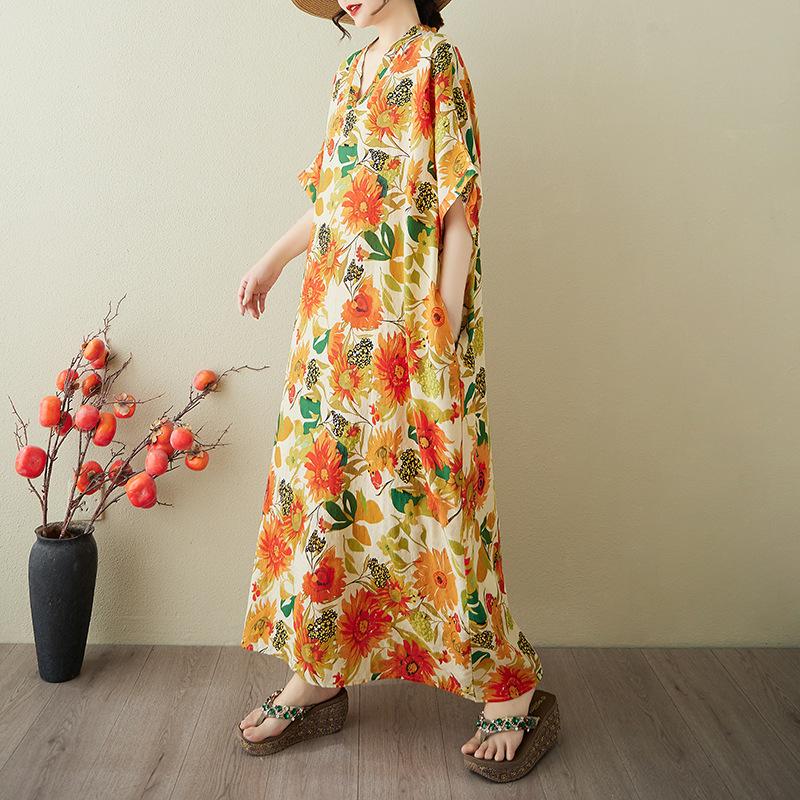 Real summer new color vacation style travel V-neck retro long dress covering meat cotton and linen dress women's clothing