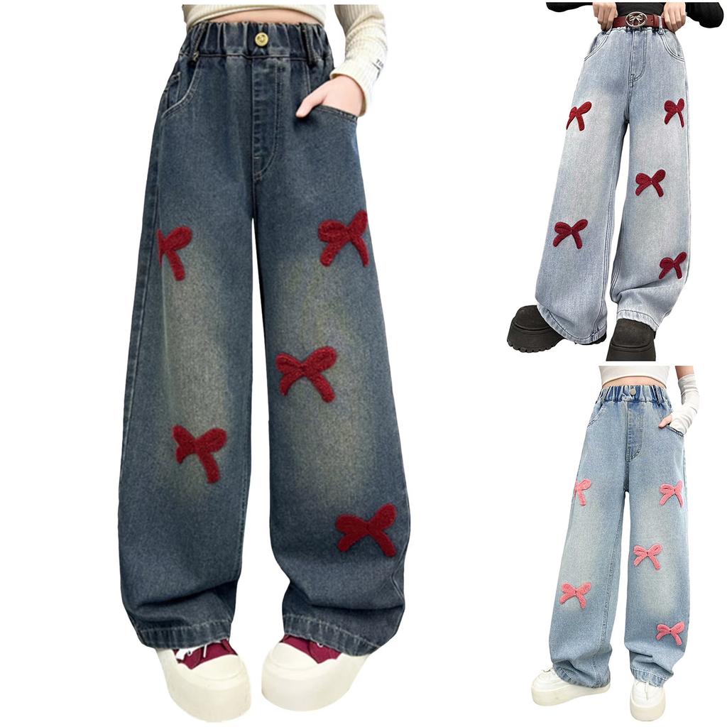 Girls High Waist Denim Wide Leg Pants with for Casual Everyday Wear