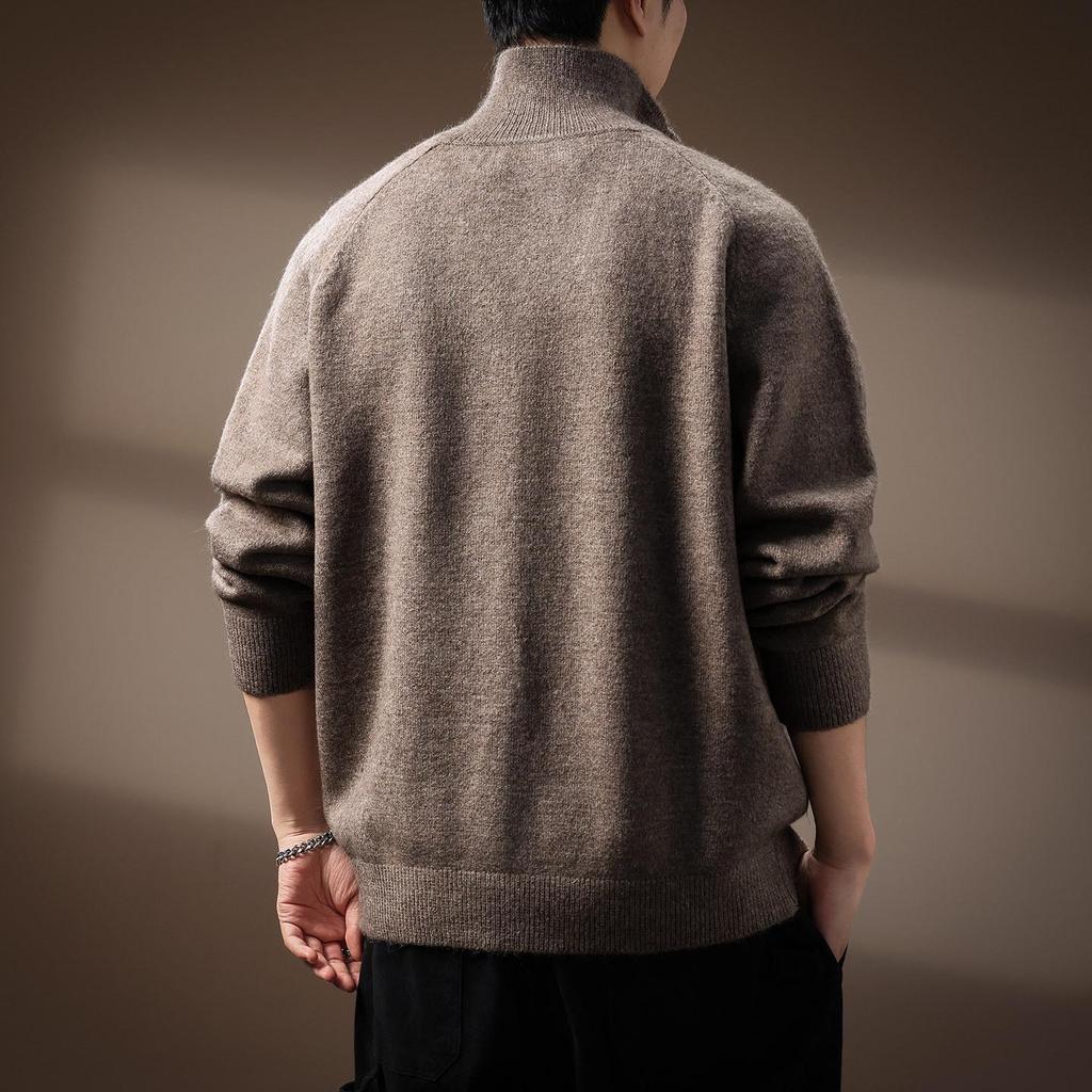 Premium American Style Men's Half-High Collar Knit Sweater - Warm, Anti-Pilling, Plus Size, Long Zipper.