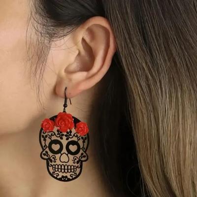 1 pár halloweenských náušnic Tmavě gotická růže s vydlabanými náušnicemi s lebkou