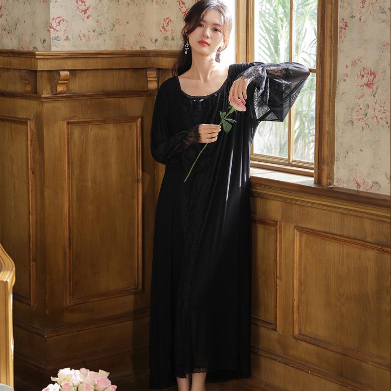 Long-sleeved mesh nightdress women's spring court retro style lace princess pajamas loose large size can be worn outside loungewear autumn
