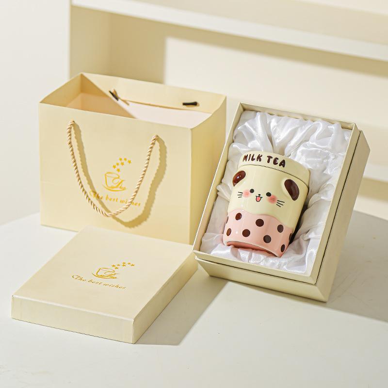 Cute Mug Couple Straw Cup with Lid Cup Gift Box Ceramic Cup Souvenir Birthday Gift Girl Practical