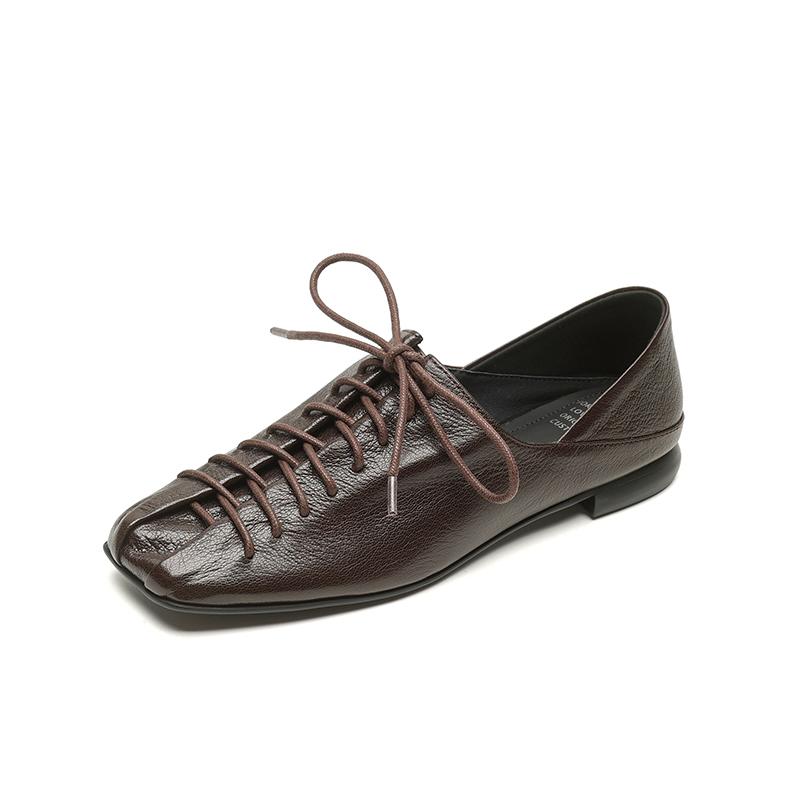 Fashion Size 34-40 Retro Low Heel Shoes for Women Real Leather Lace-Up Low Heels Shoes Vintage Spring 2025 New Office Lady Daily Dress