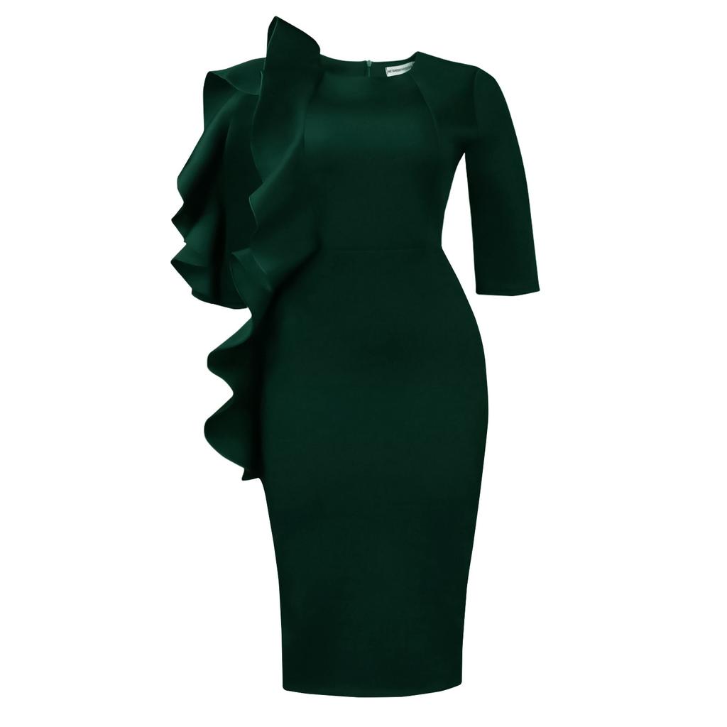 Autumn new fashion temperament slim-fit round neck seven-quarter sleeve ruffle edge dress