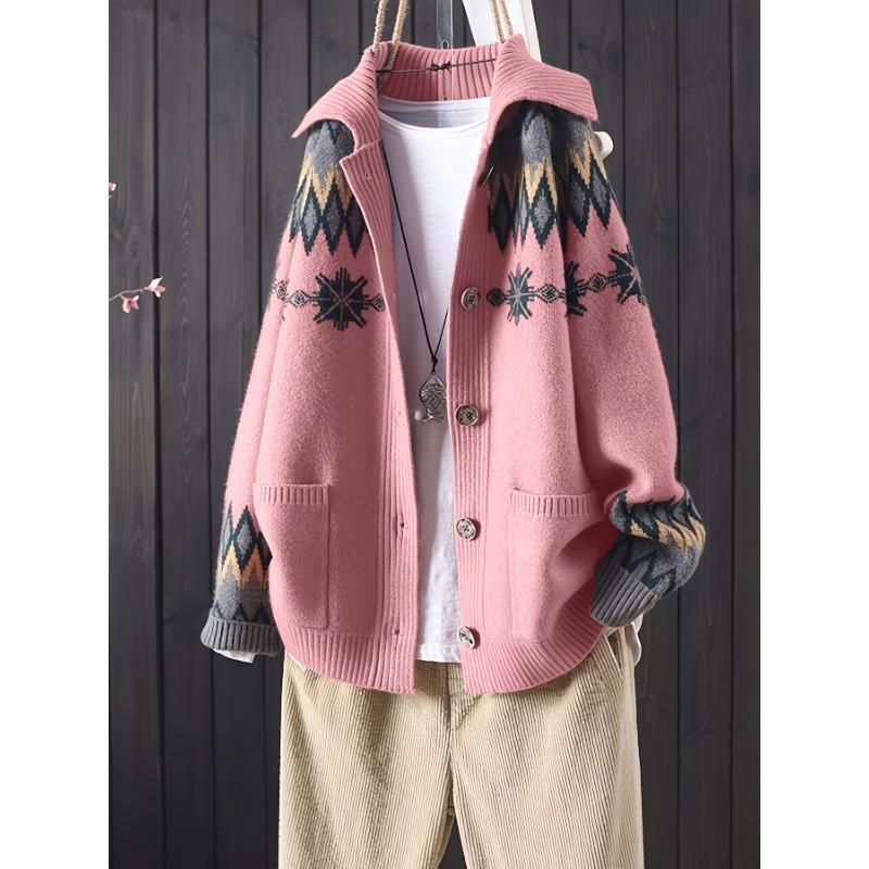 

Большой размер, Элегантный кардиган с направленным узором в виде рисового листа для женщин, Универсальное пальто с отложным воротником большого размера на осень/зиму, Свободный свитер, Верхняя одежда XL