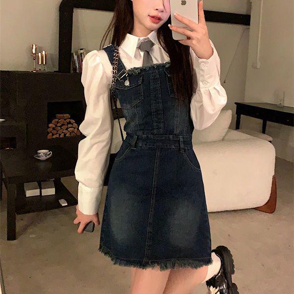 Spring Retro Washed Denim Waist-Cinched Slimming Overall Skirt for Women S