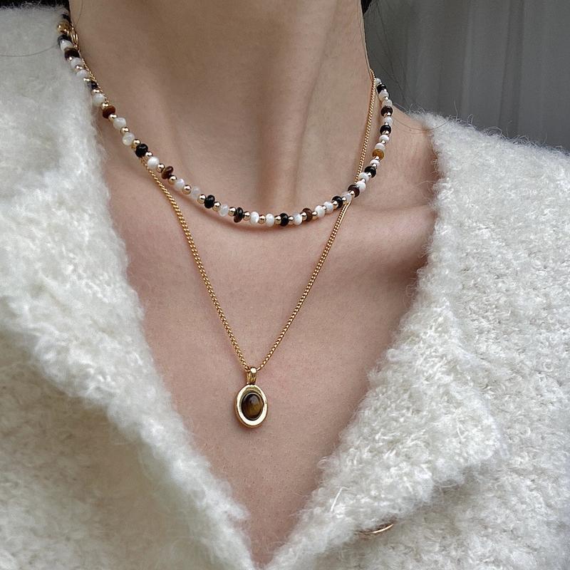 

Advanced Tiger Eye Stone Series Натуральное ожерелье из бисера из черного агата Light Luxury Retro Ins Маленькая золотая цепочка ошейника