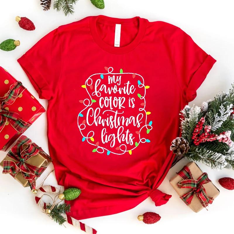 Christmas Lights Print T-Shirt Women Loose Short Sleeve Round Neck Top Female Casual Shirt Tees