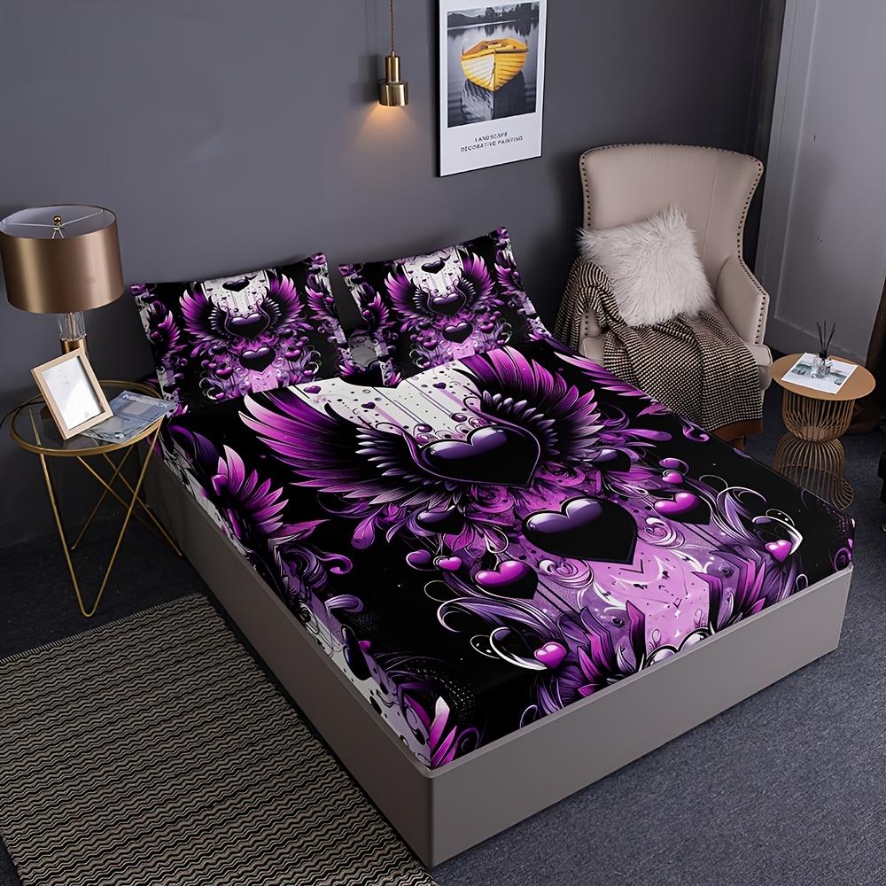 1 Stück Spannbettlaken Lila Herzförmiger Flügel-Print 100% Polyesterbezug Atmungsaktives Bettwäscheset Heimdekor ohne Kissenbezüge
