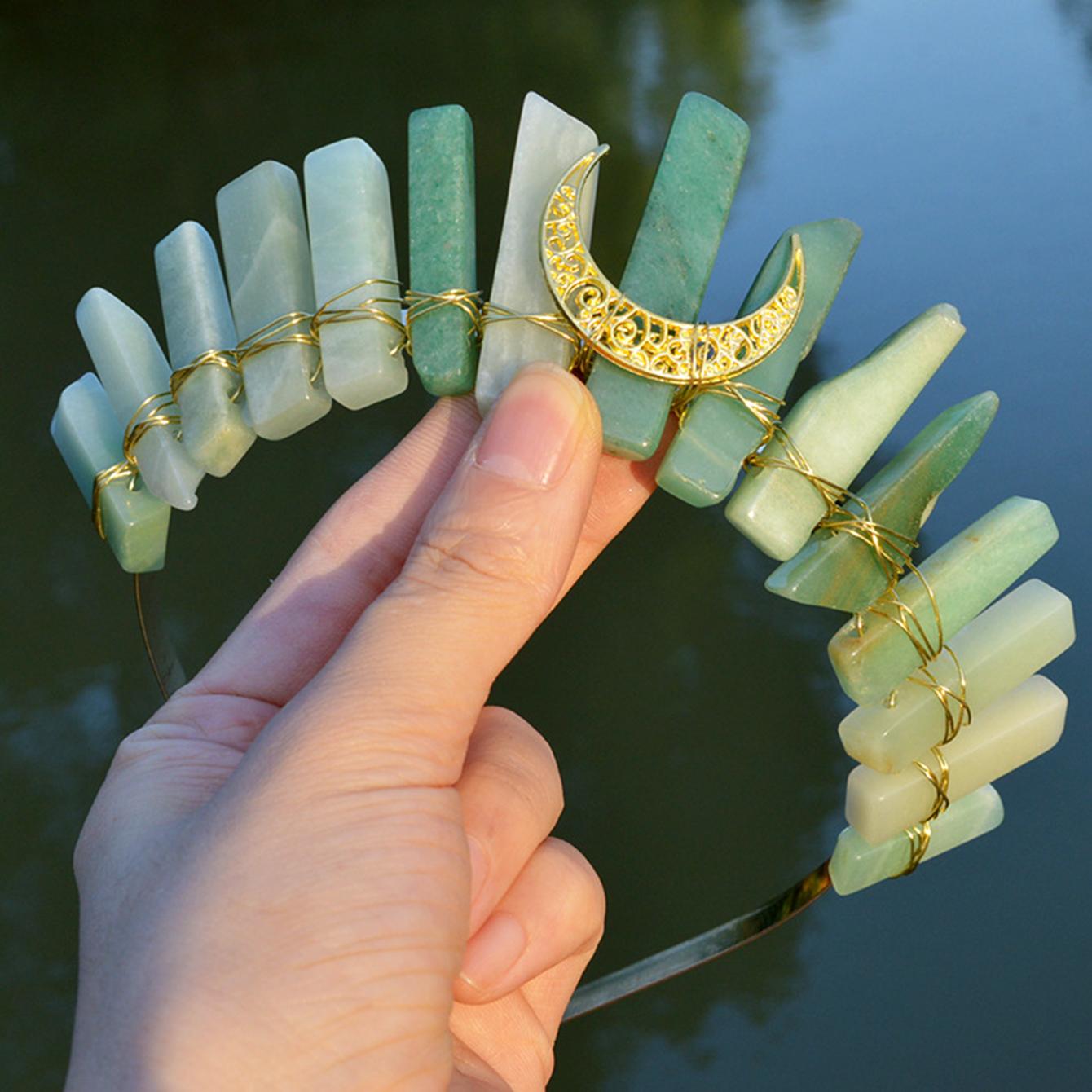 

Тиара из необработанного кристалла, повязка на голову с короной, натуральный кварц, головной убор богини Луны и ведьмы для викканского косплея, вечерние головные уборы