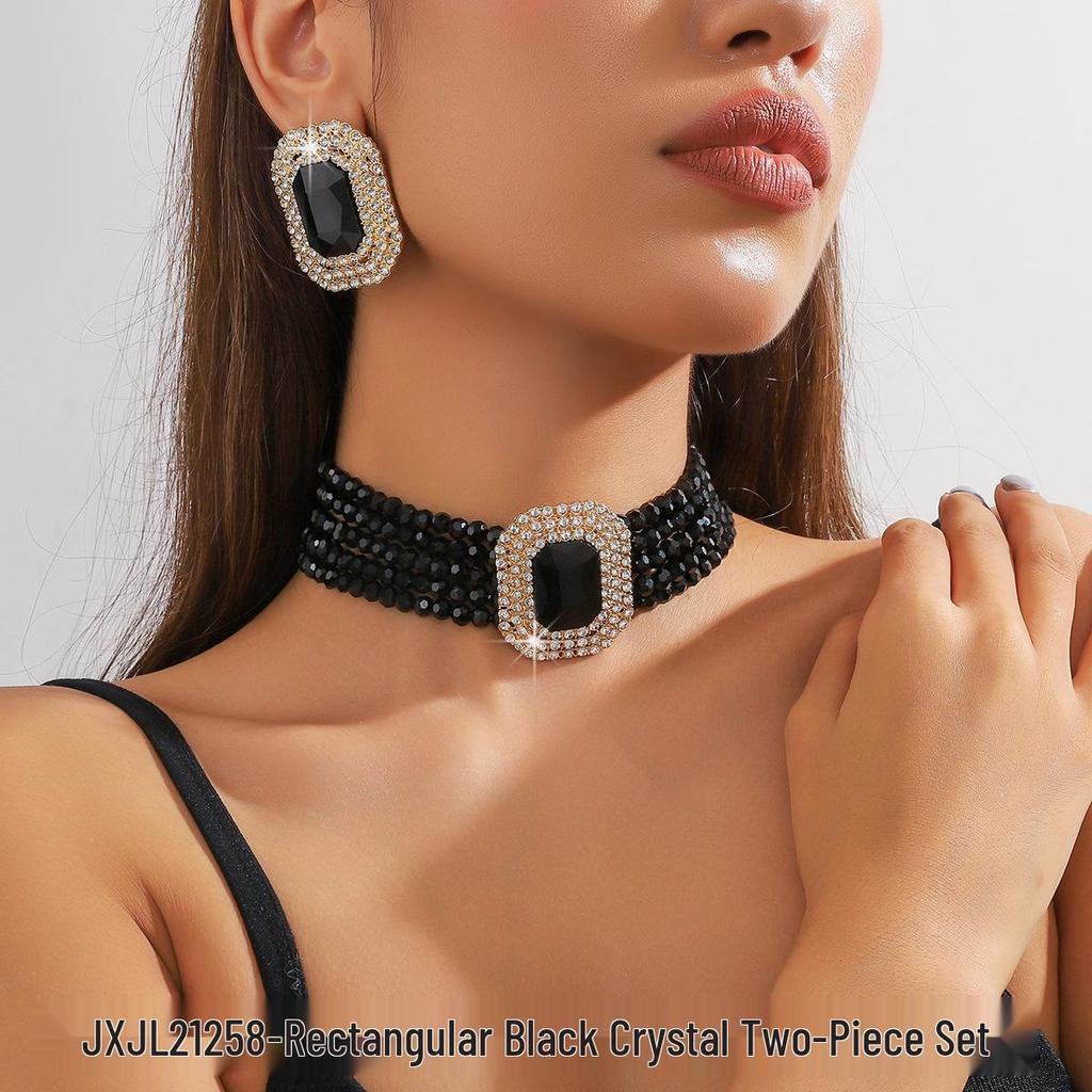 Luxusní vícevrstvý geometrický křišťálový choker a sada barevných náušnic