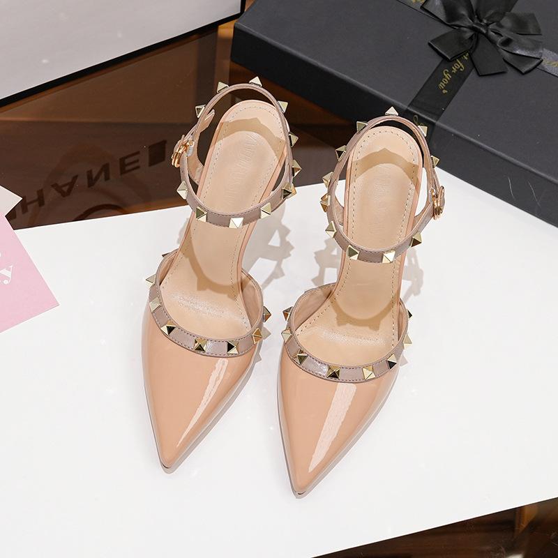 Patent Leather Rivet High Heels, Glossy Shallow Rivet Strap High Heels Thin Heel Pointed Rivet High Heels