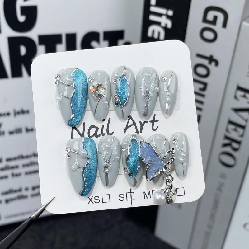 Handmade Press-On Nails Almond Shape 3D Embossed Cat Eye Nail Tips Women Reusable Wearable Art Extra Small