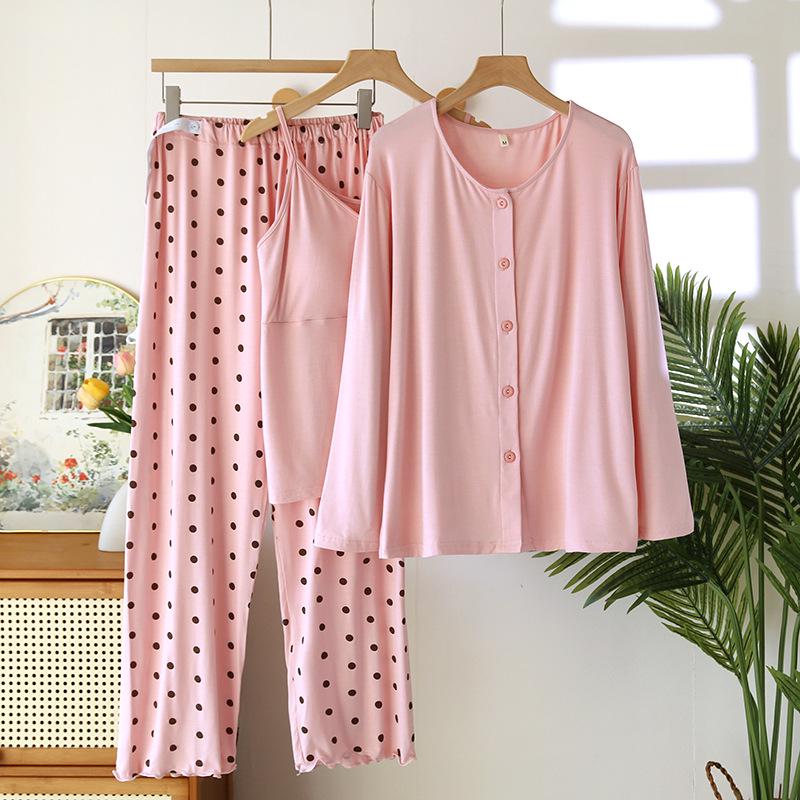 Postpartum Spring/Summer Modal Three-Piece Set: Long Sleeve & Pants for Breastfeeding