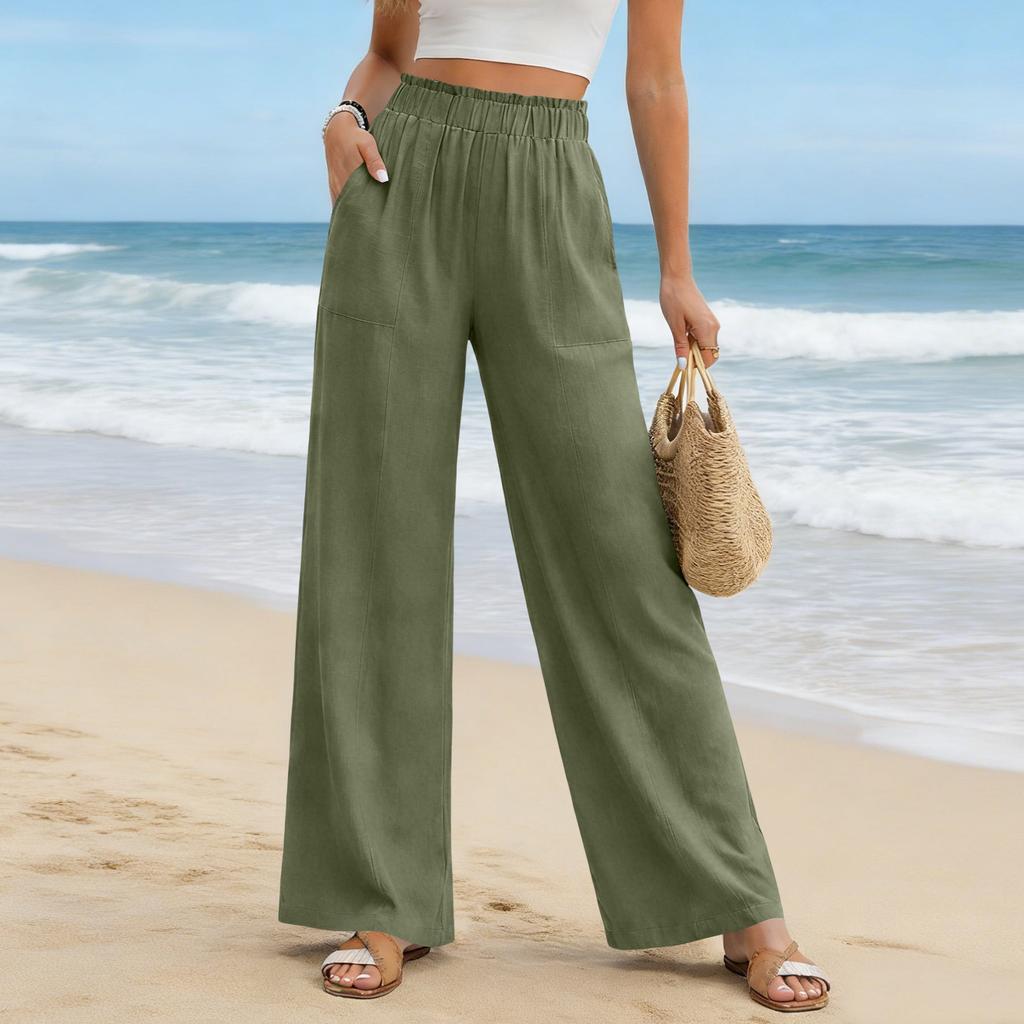 Women's Cotton Linen Pants Summer Wide Leg Casual Loose Drawstring High Waist Palazzo Pants Trousers With Pockets