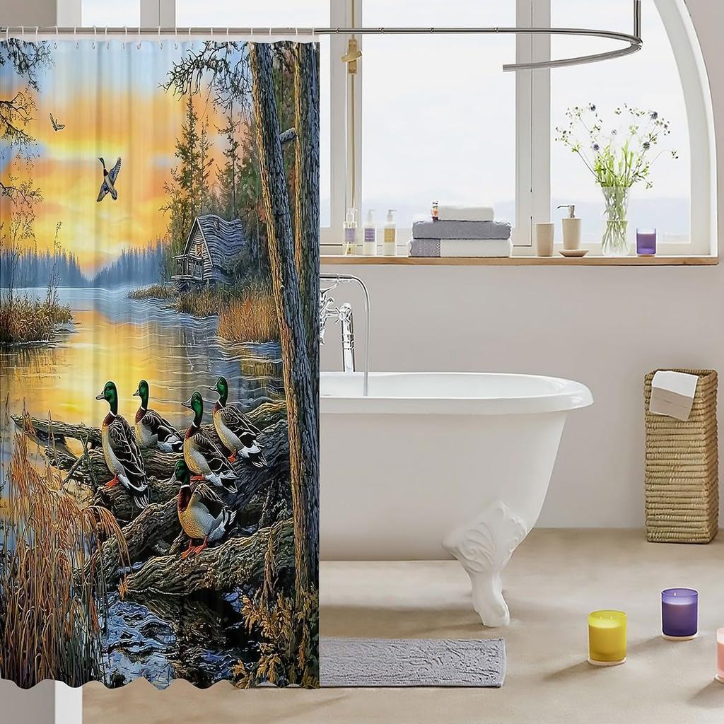 Erosebridal Mallard Duck Shower Curtain,Duck Hunting Bathroom Shower Curtain Sets,Western Cabin Lodge Branches Lake Waterproof B