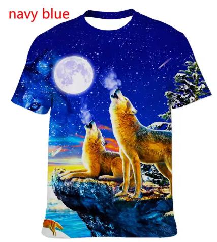 Fashion Short-sleeved 3D Wolf Print T-shirt, Men's and Women's Personality Cool Print T-shirt Fun Animal T-shirt