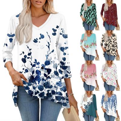 Womens Tops V-neck 3/4 Sleeve Blouses Casual Mid-length Shirts Fashion Print Tunic Tops