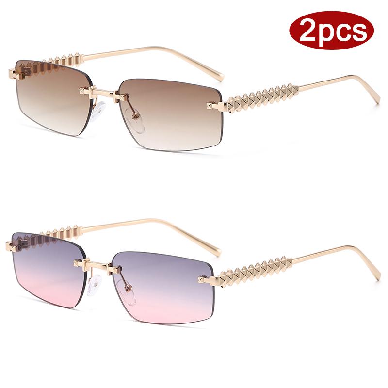 2pcs Rimless Metal Frame Square Sunglasses Women Gradient Color Lens Sun Glasses Vintage Irregular Legs Design Eyewear UV400