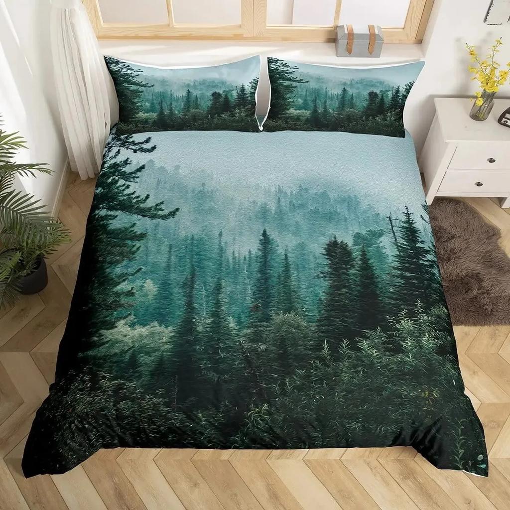 Comforter Smoky Mountain Misty Forest Bedding Set Full Queen Size Grey Trees Natural Scenery Art Comforter