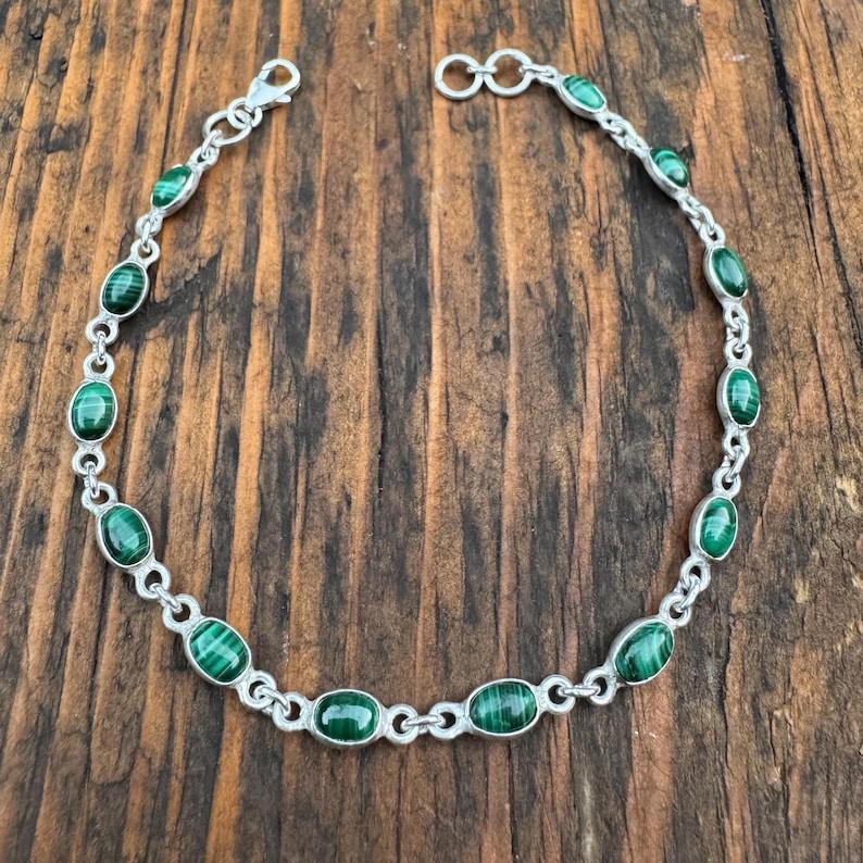 

Solid 925 Sterling Silver Malachite Gemstone Tennis Bracelet Charm Jewelry Boho Bracelet Gift For Her 7 inch