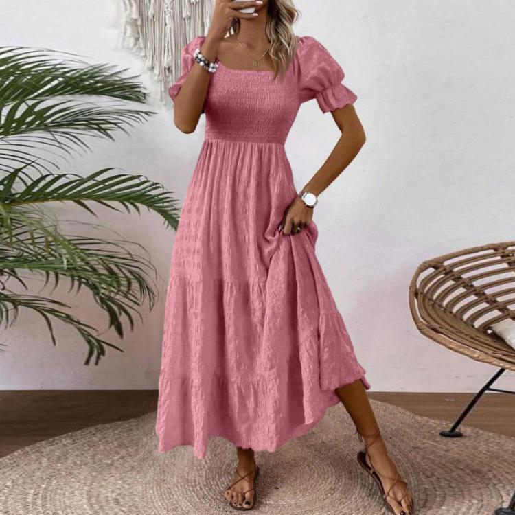 Women S Square Neck Puff Sleeve Maxi Dress Smocked Bodice Tiered Skirt with Pockets for Casual Wear