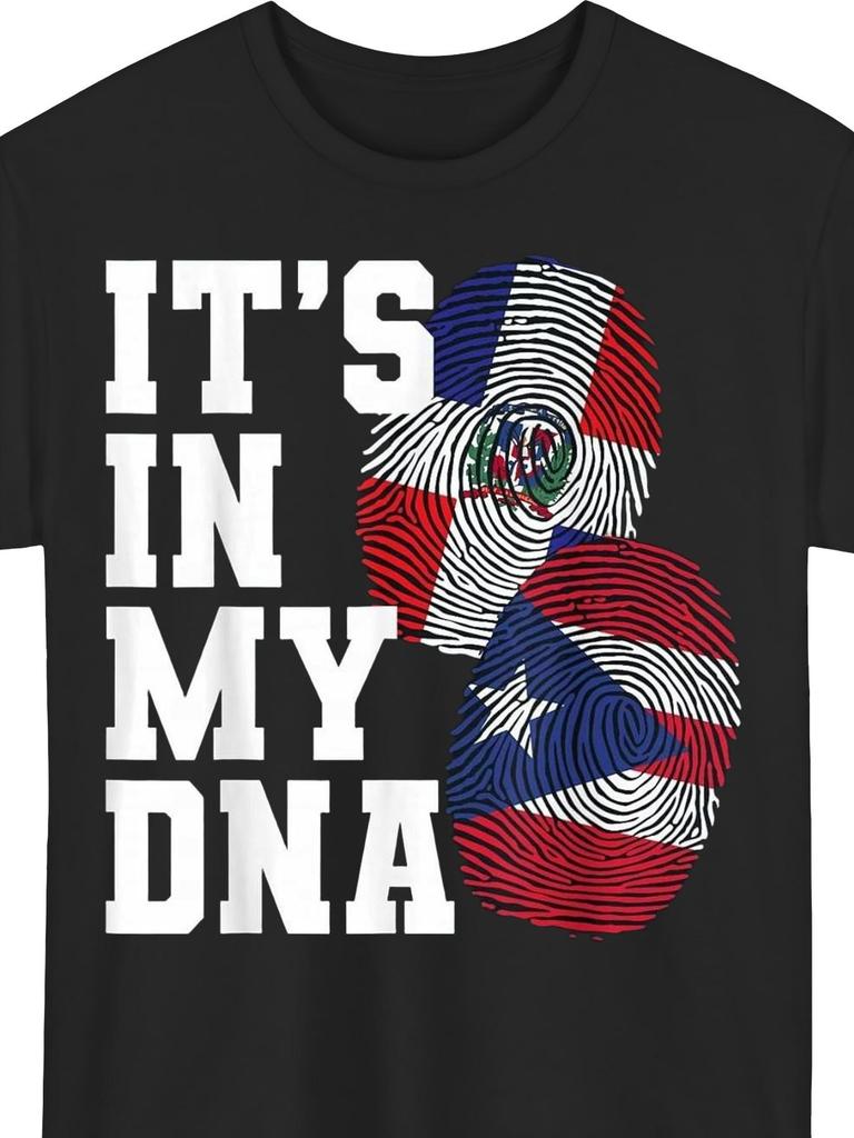 Dominican & Puerto Rican DNA Heritage Flag T-Shirt - Dual Nationality Design, Casual Round Neck Shor