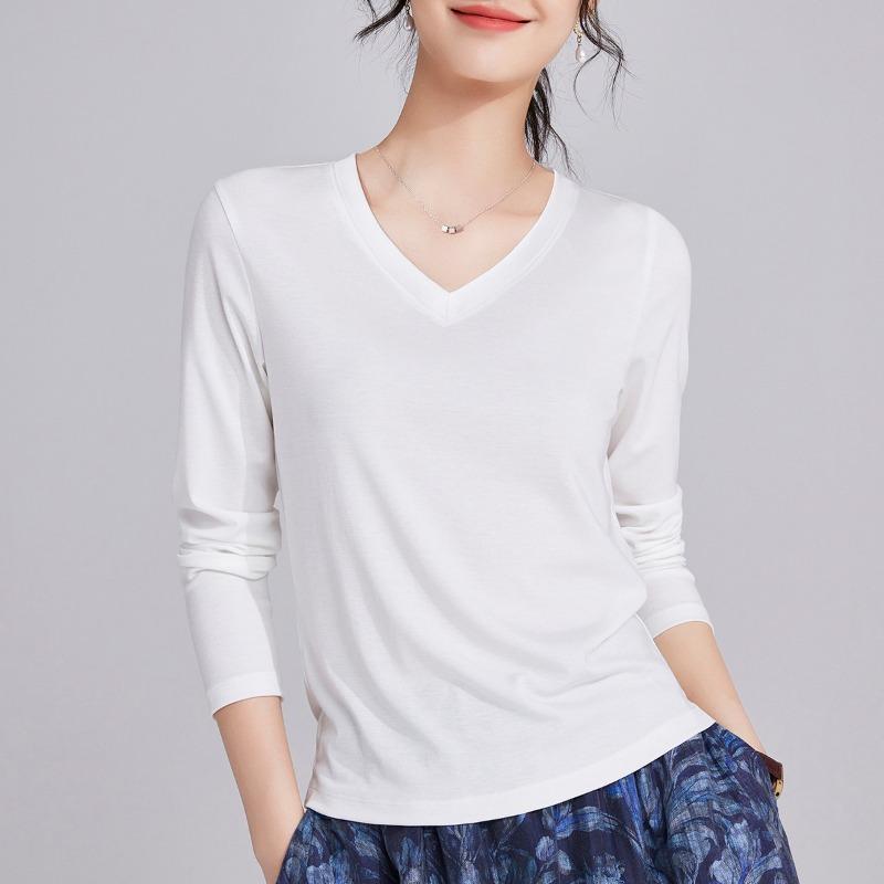 Tencel Autumn New Long-sleeved Navy Blue Thin T-shirt Top Women's Light and Thin