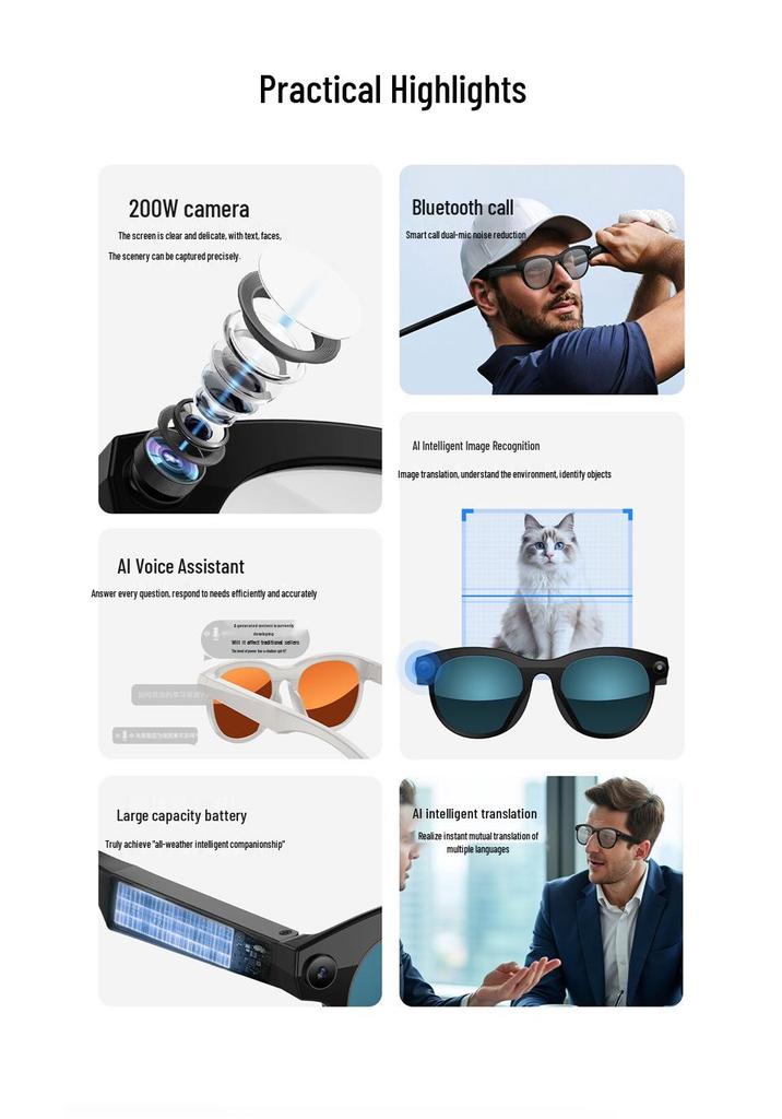 M88 Smart Glasses: 2MP AI Image Recognition, Real-time Translation, HD Photography, Bluetooth Calls.
