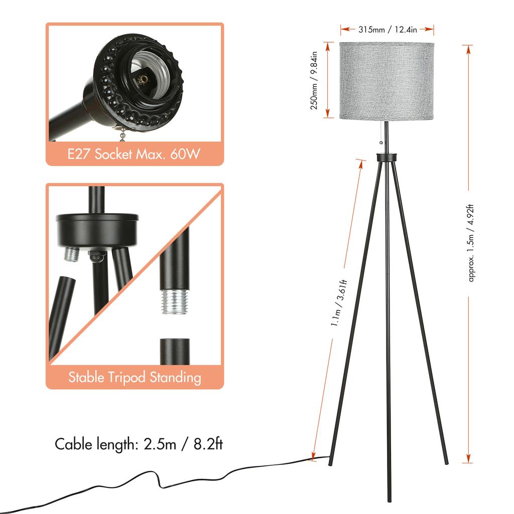 Pulling Tripod Floor Lamp Modern Design Standing Light with Linen Lampshade for Living Room Bedroom Study Room