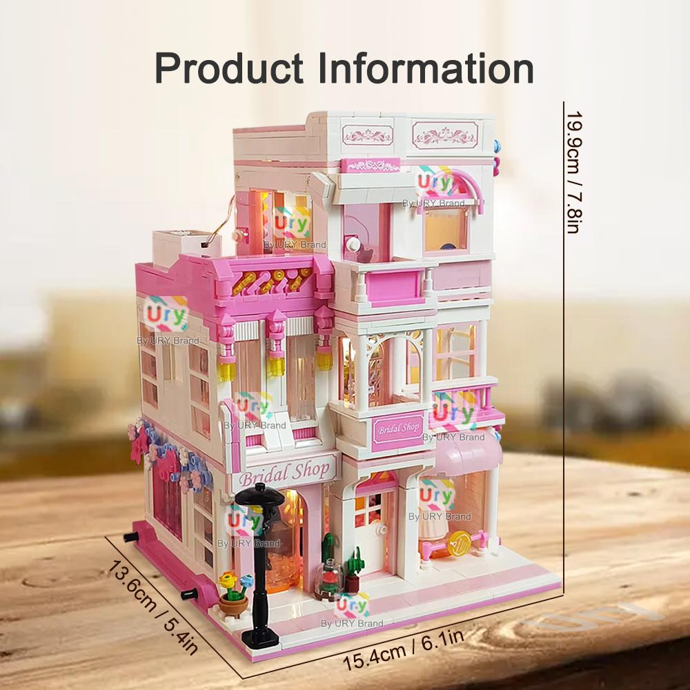 Mini City Street View Friends House Pink Wedding Dress Shop Modular Villa with Light MOC Architecture Building Block Set for Kid