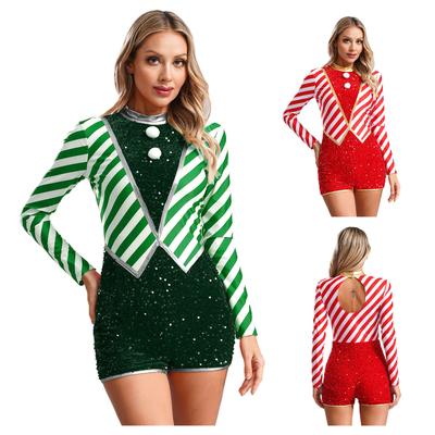 Damen Weihnachts-Jumpsuit Langarm Streifen Pailletten Pompoms Design Weihnachtsparty Zuckerstangen-Kostüm