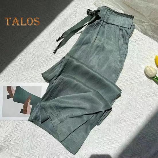 Women Casual Pants Elastic Waist Adjustable Drawstring Straight Wide Leg Trousers with Pockets Solid Color Loose Fit Long Pants